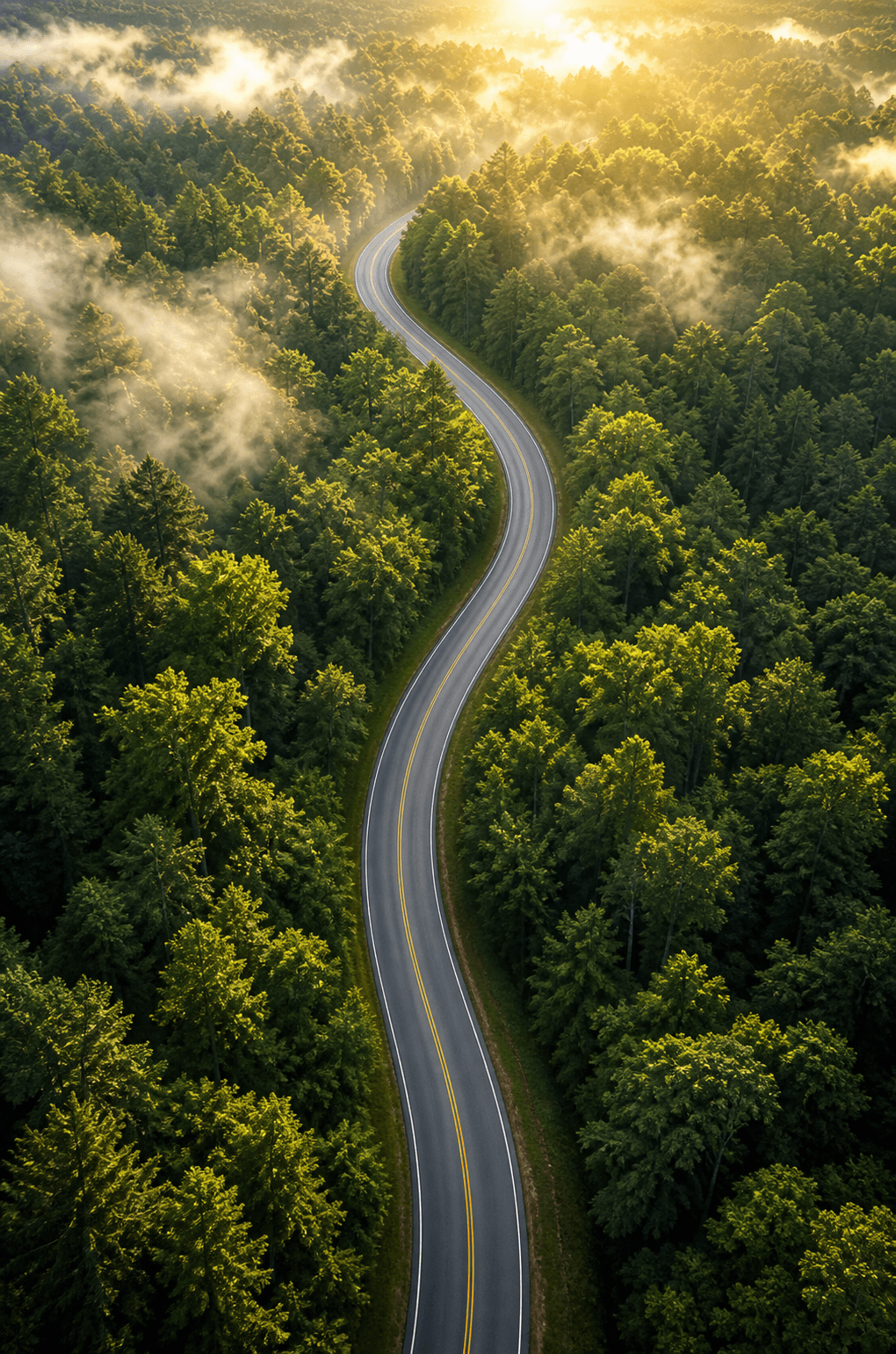 Road through a green forest as a metaphor for sustainable opportunities